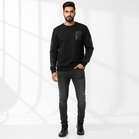 Black Gothic Sweatshirt w/ Leather Cross Patches – Chrome Hearts Style –ITTIERRE - Picture 1 of 13